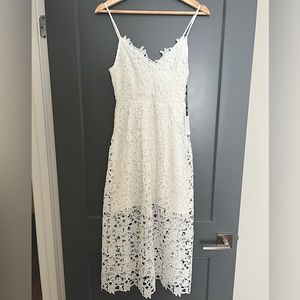 ASTR the label. White lace midi spaghetti strap dress.